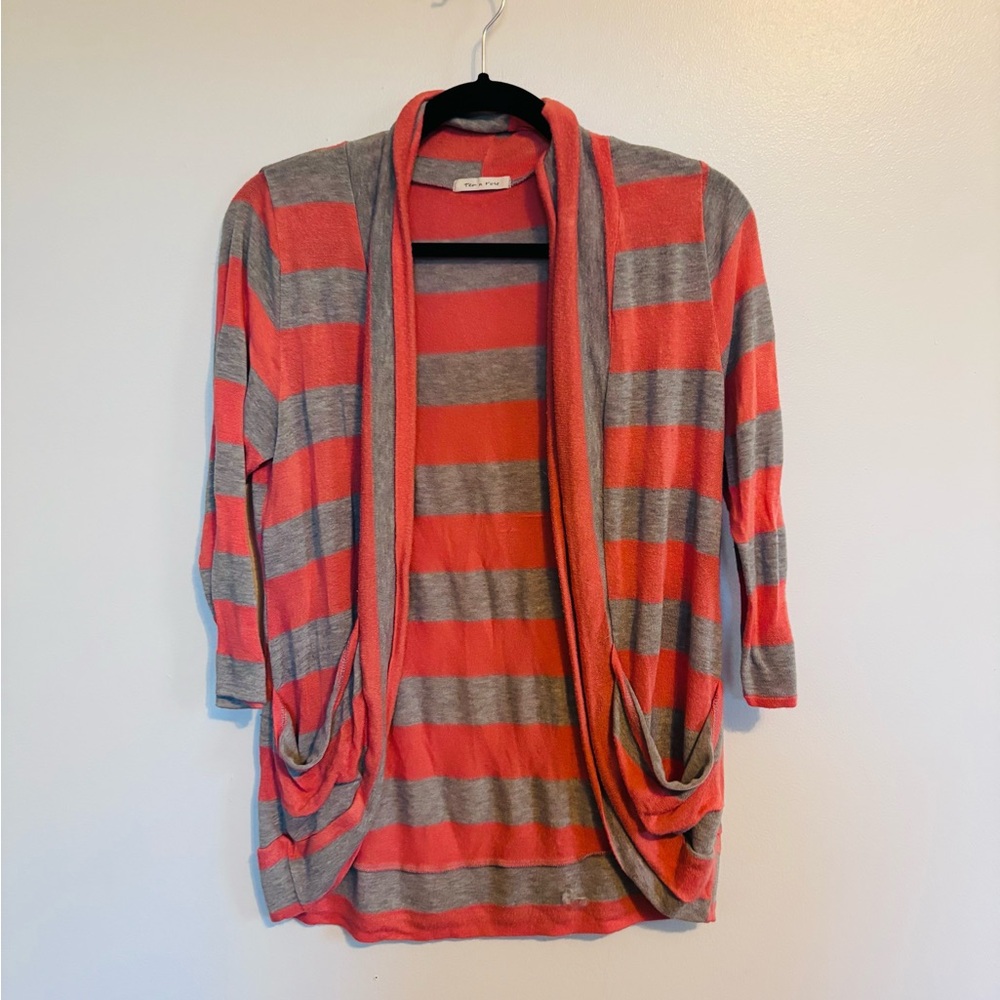 Tea and rose pink orange and grey striped cardigan with draped front size medium